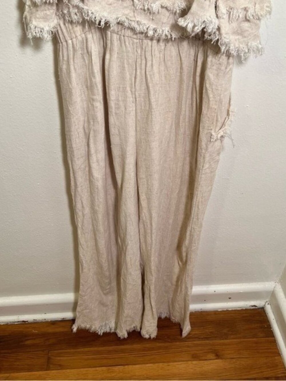 Umgee Women's Size Small Losing My Mind Tiered Jumpsuit Beige Fringe Hem Linen - Picture 12 of 14